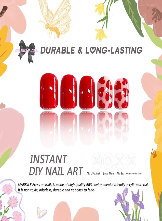 أظافر صناعية قصيرة مربعة الشكل بتصميم قلوب حمراء لامعة، قابلة لإعادة الاستخدام، تغطي كامل الأظافر، مناسبة للنساء والفتيات، 24 قطعة - Image 2